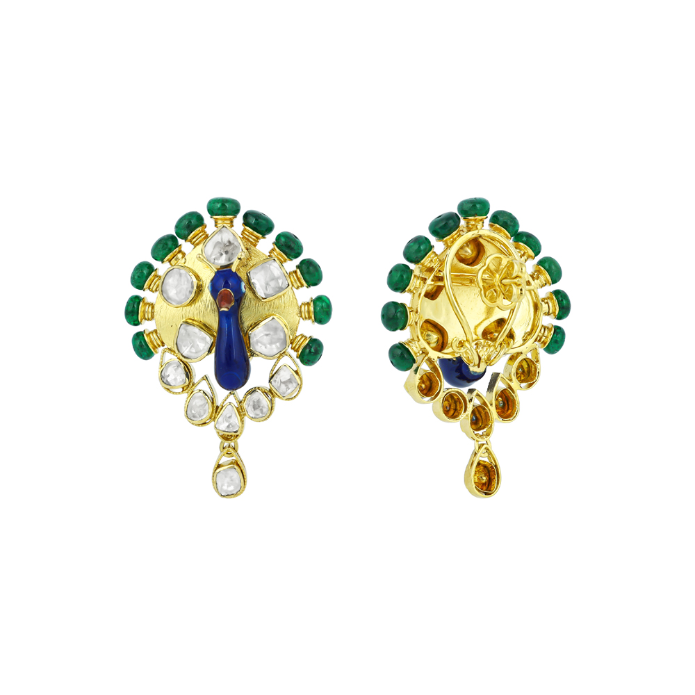 Peacock Polki Earrings with Blue Enamel and Emerald Beads